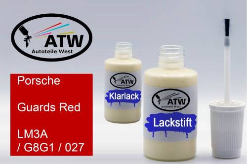 Porsche, Guards Red, LM3A / G8G1 / 027: 20ml Lackstift + 20ml Klarlack - Set, von ATW Autoteile West.
